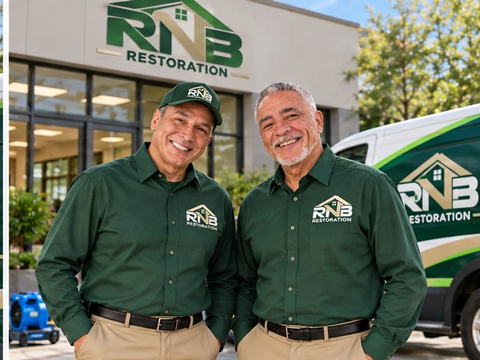 RNB Restoration owner Richard Bonnen with a team member in front of the RNB shop