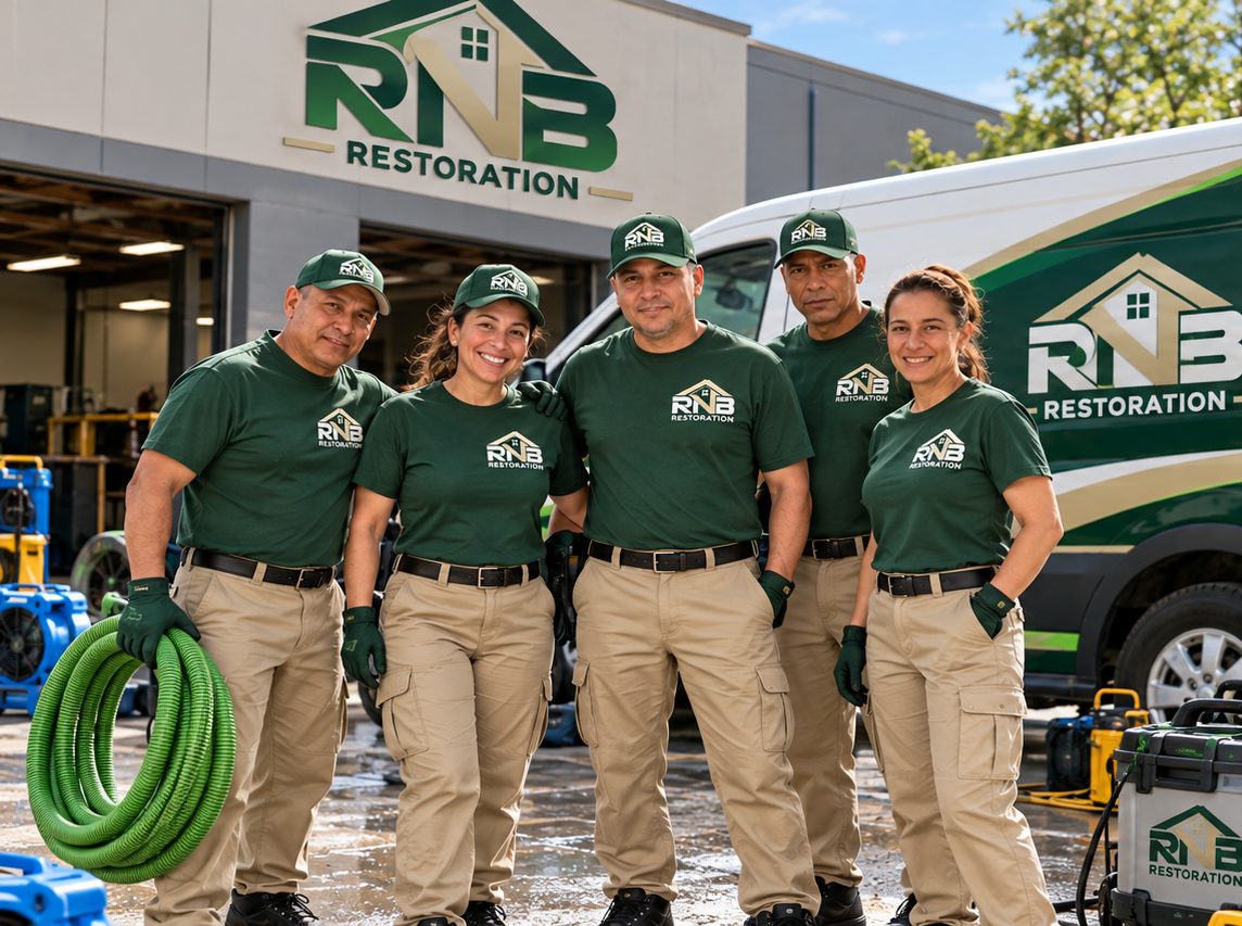 The RNB Restoration crew in green uniforms in front of the RNB shop and van